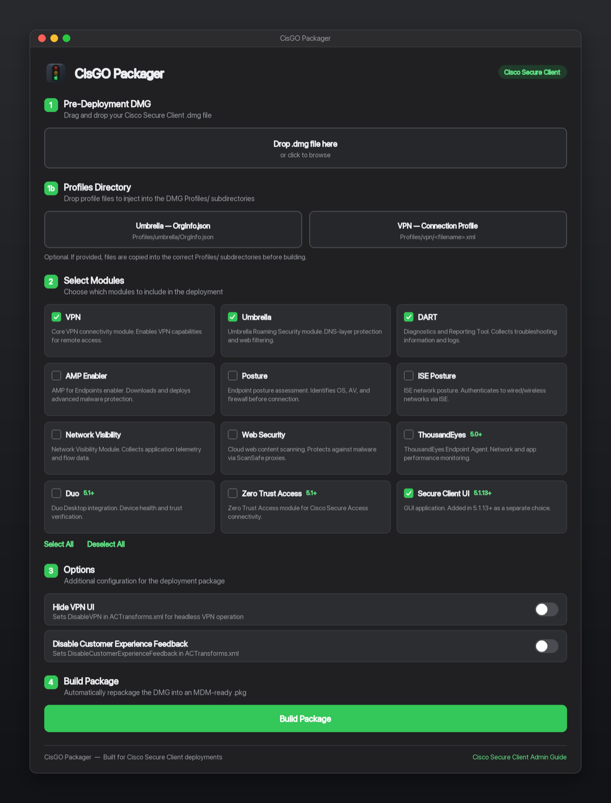 Screenshot of CisGO Packager — macOS app for repackaging Cisco Secure Client into MDM-ready .pkg files