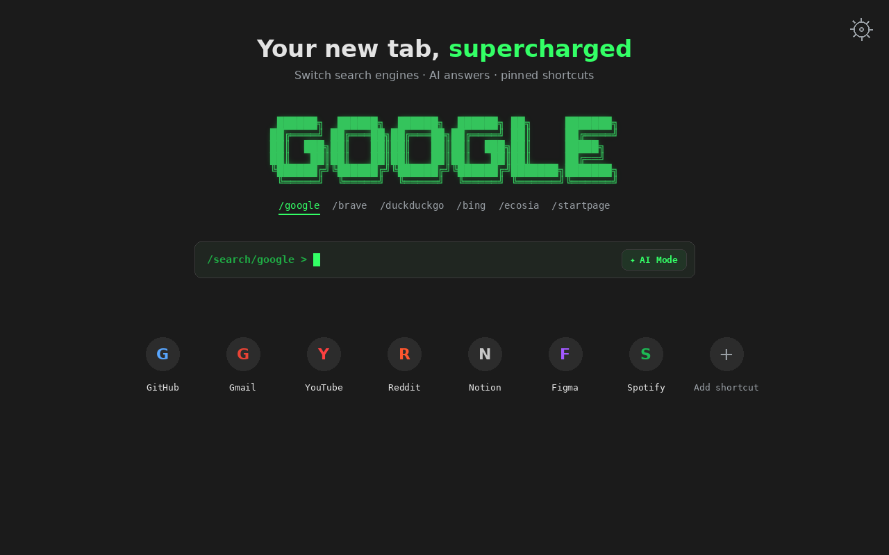 Screenshot of TermTab — a terminal-inspired browser new-tab page with search engines and pinned shortcuts